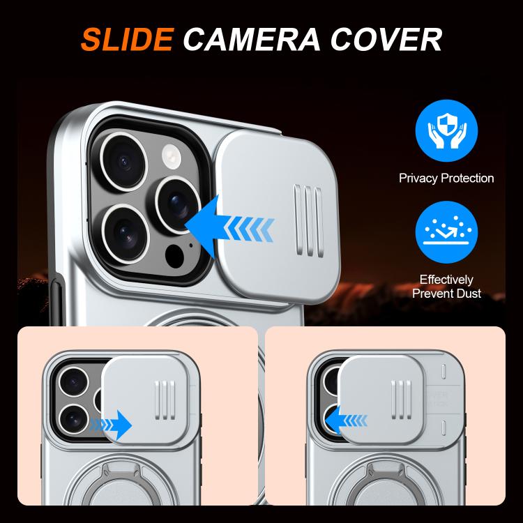 For iPhone 16 Pro Max Camera Sliding Shield Magnetic Rotation Holder Phone Case
