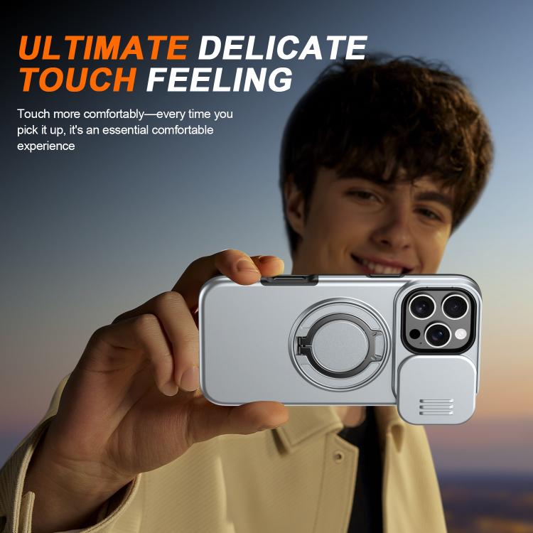 For iPhone 16 Pro Max Camera Sliding Shield Magnetic Rotation Holder Phone Case