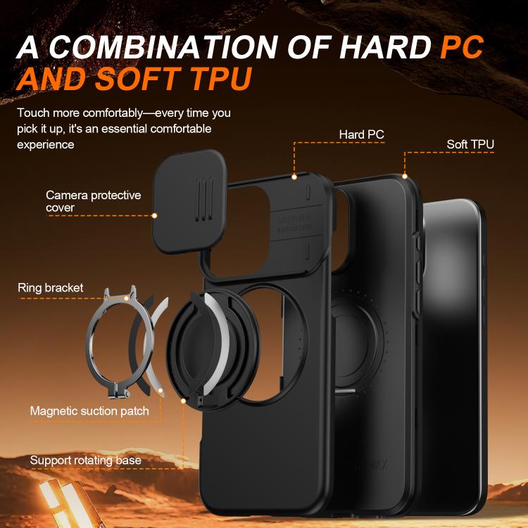 For iPhone 16 Pro Camera Sliding Shield Magnetic Rotation Holder Phone Case