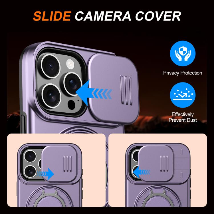 For iPhone 16 Pro Camera Sliding Shield Magnetic Rotation Holder Phone Case