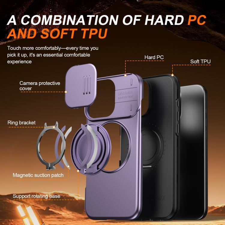 For iPhone 16 Pro Camera Sliding Shield Magnetic Rotation Holder Phone Case