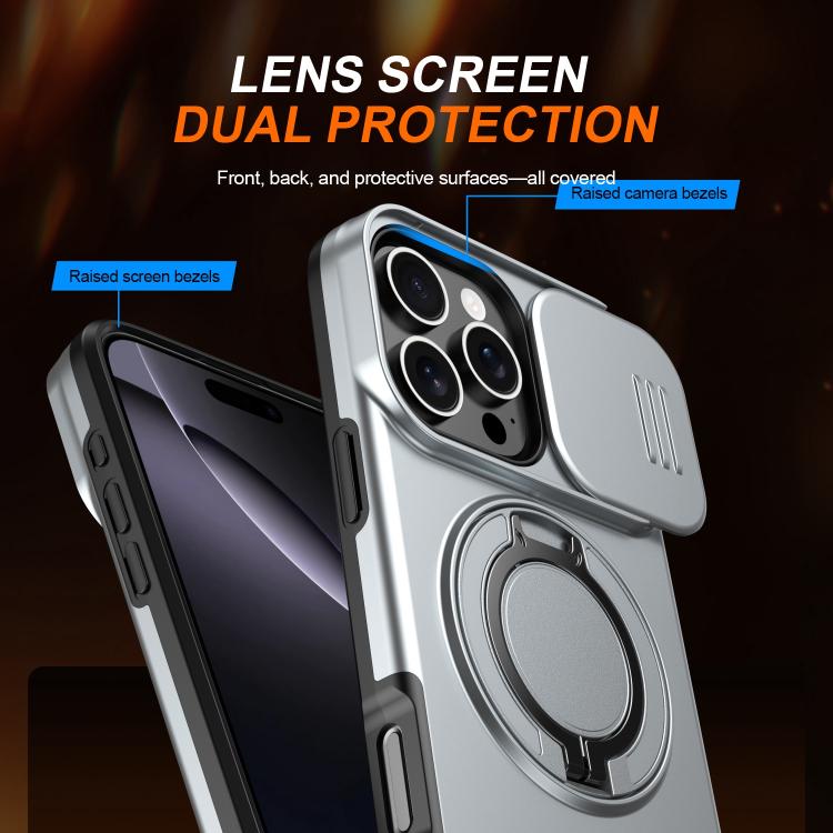 For iPhone 16 Pro Camera Sliding Shield Magnetic Rotation Holder Phone Case