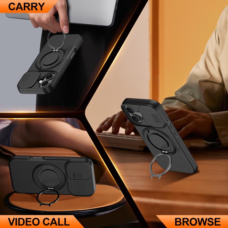 For iPhone 16 Plus Camera Sliding Shield Magnetic Rotation Holder Phone Case