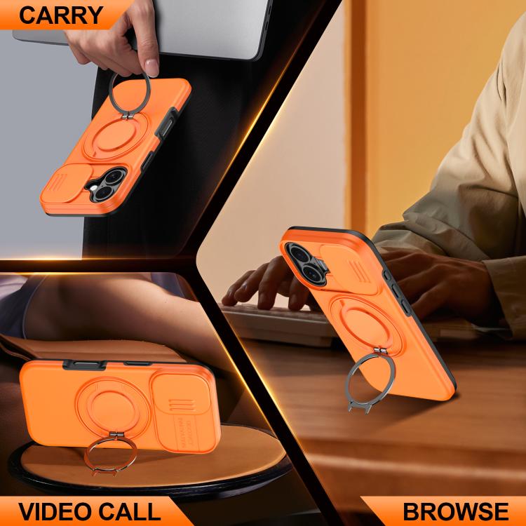 For iPhone 16 Plus Camera Sliding Shield Magnetic Rotation Holder Phone Case