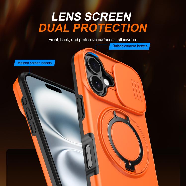 For iPhone 16 Plus Camera Sliding Shield Magnetic Rotation Holder Phone Case