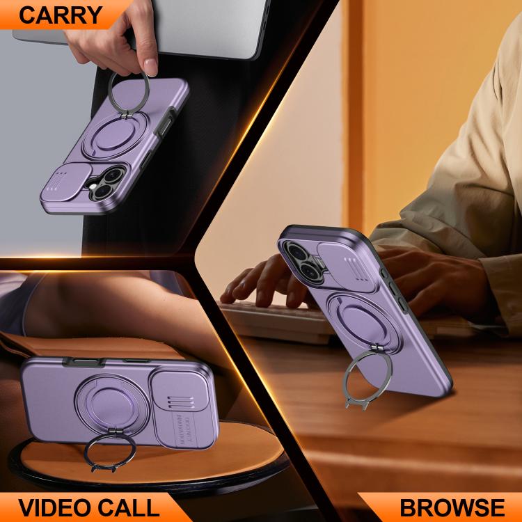 For iPhone 16 Plus Camera Sliding Shield Magnetic Rotation Holder Phone Case