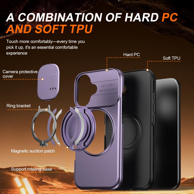 For iPhone 16 Plus Camera Sliding Shield Magnetic Rotation Holder Phone Case