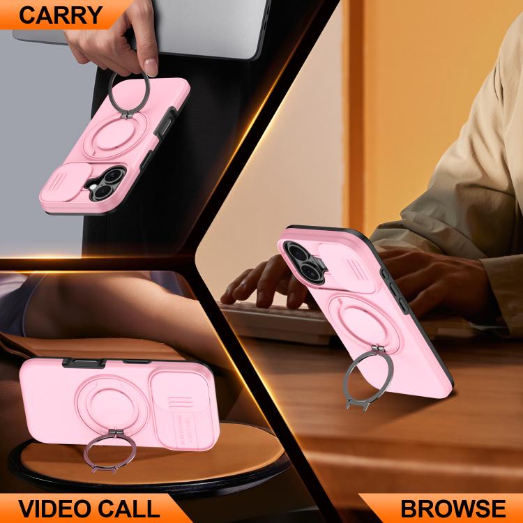 For iPhone 16 Plus Camera Sliding Shield Magnetic Rotation Holder Phone Case