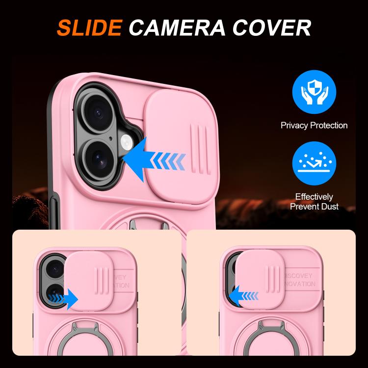 For iPhone 16 Plus Camera Sliding Shield Magnetic Rotation Holder Phone Case
