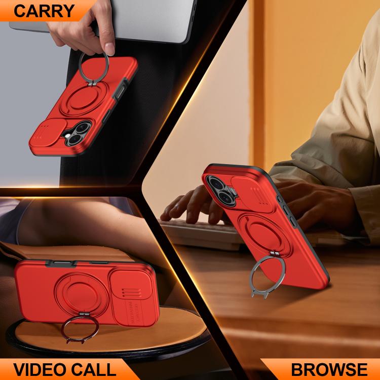 For iPhone 16 Plus Camera Sliding Shield Magnetic Rotation Holder Phone Case