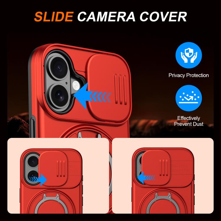 For iPhone 16 Plus Camera Sliding Shield Magnetic Rotation Holder Phone Case