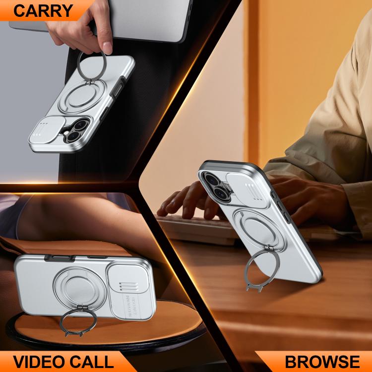 For iPhone 16 Plus Camera Sliding Shield Magnetic Rotation Holder Phone Case