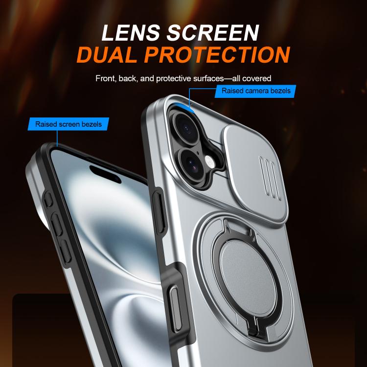 For iPhone 16 Plus Camera Sliding Shield Magnetic Rotation Holder Phone Case