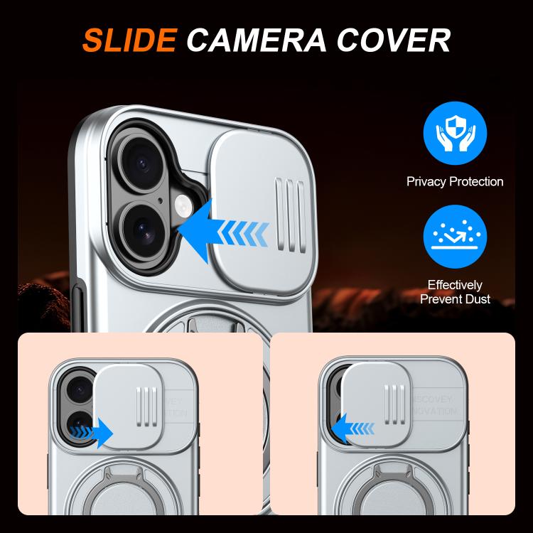 For iPhone 16 Plus Camera Sliding Shield Magnetic Rotation Holder Phone Case