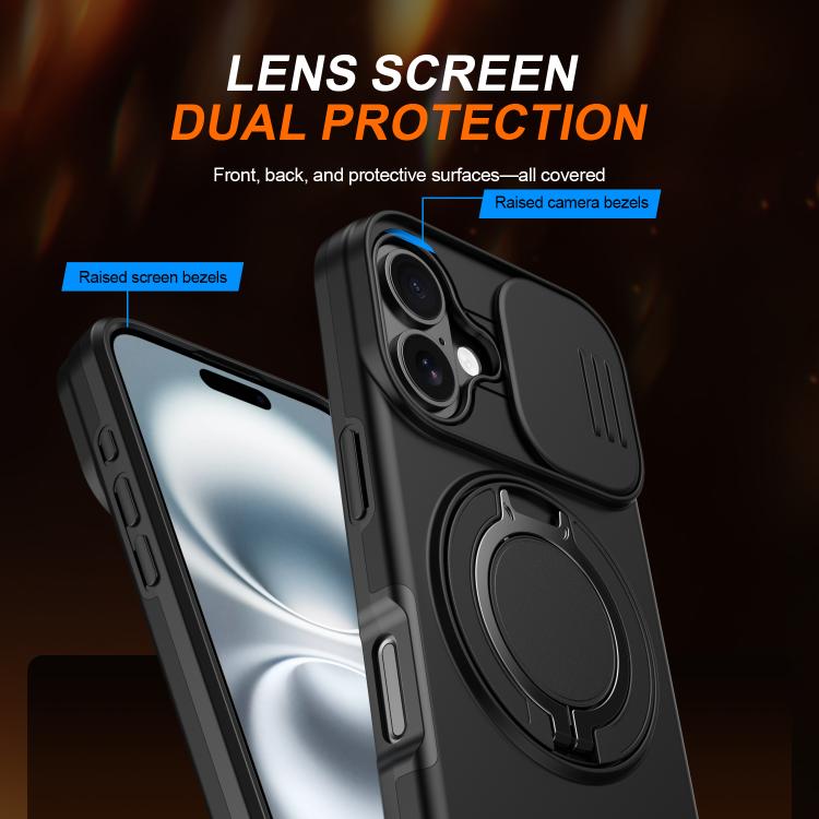 For iPhone 16 Camera Sliding Shield Magnetic Rotation Holder Phone Case
