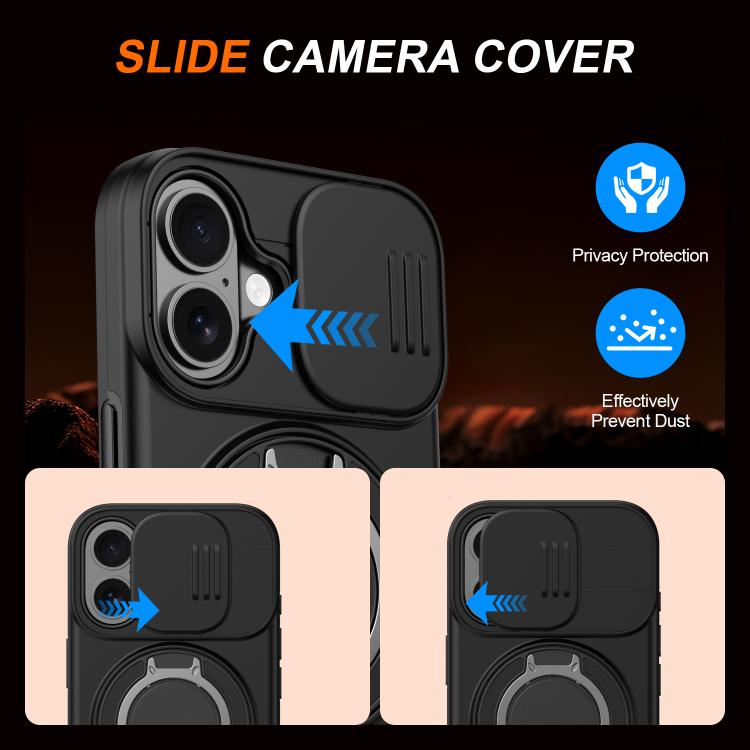 For iPhone 16 Camera Sliding Shield Magnetic Rotation Holder Phone Case