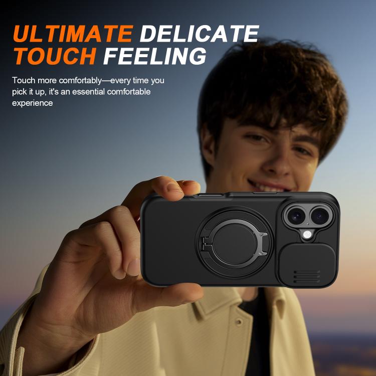 For iPhone 16 Camera Sliding Shield Magnetic Rotation Holder Phone Case