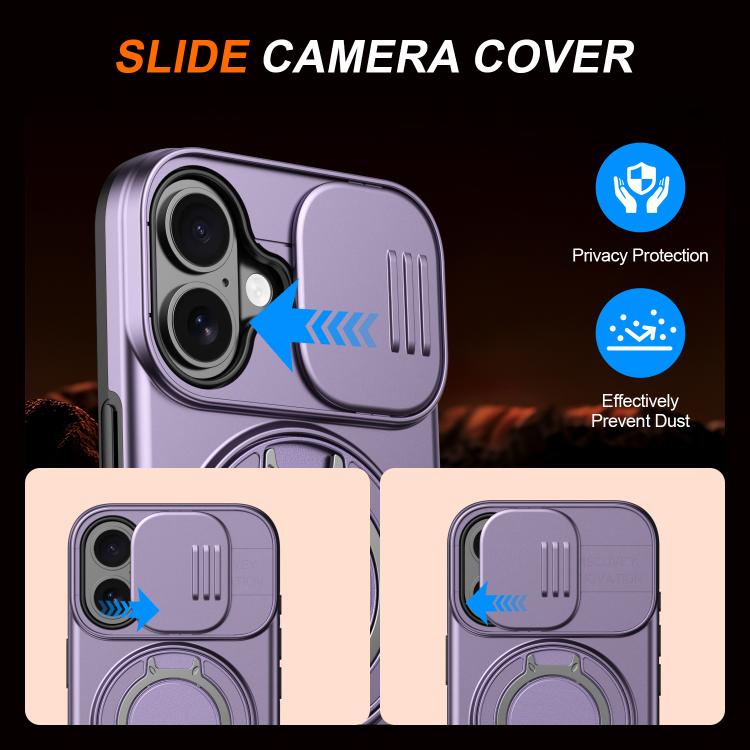 For iPhone 16 Camera Sliding Shield Magnetic Rotation Holder Phone Case