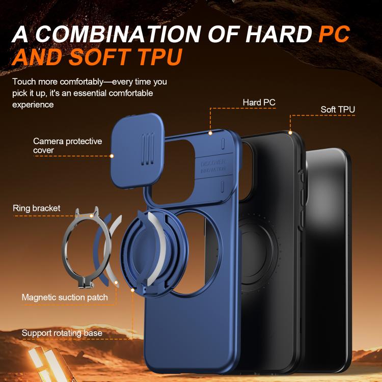 For iPhone 15 Pro Max Camera Sliding Shield Magnetic Rotation Holder Phone Case