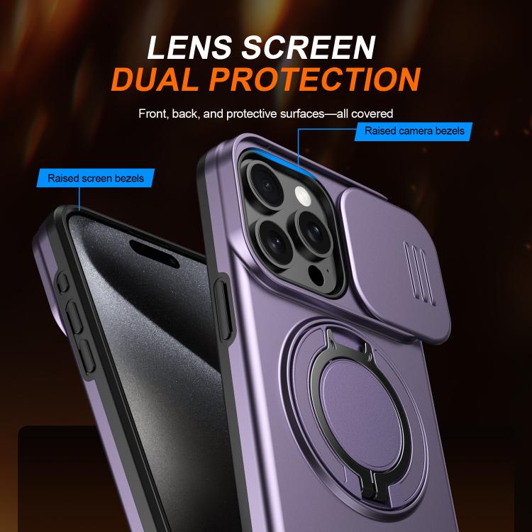 For iPhone 15 Pro Camera Sliding Shield Magnetic Rotation Holder Phone Case