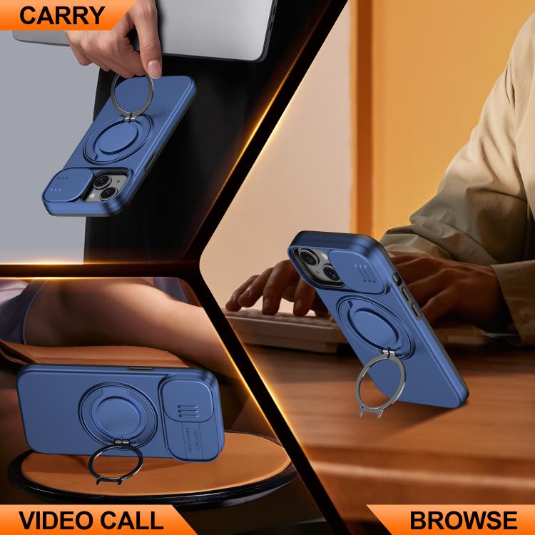 For iPhone 15 Plus / 14 Plus Camera Sliding Shield Magnetic Rotation Holder Phone Case