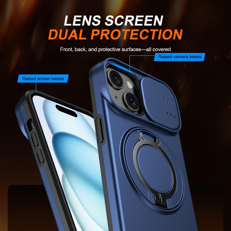 For iPhone 15 Plus / 14 Plus Camera Sliding Shield Magnetic Rotation Holder Phone Case