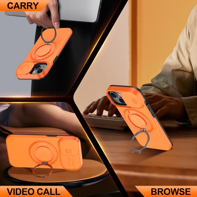 For iPhone 15 Plus / 14 Plus Camera Sliding Shield Magnetic Rotation Holder Phone Case