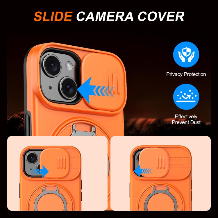 For iPhone 15 Plus / 14 Plus Camera Sliding Shield Magnetic Rotation Holder Phone Case