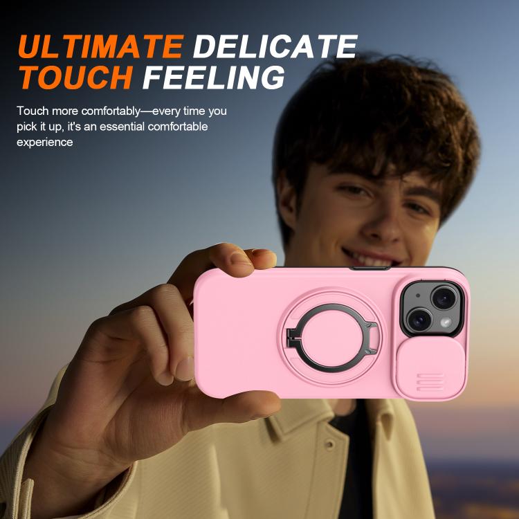 For iPhone 15 Plus / 14 Plus Camera Sliding Shield Magnetic Rotation Holder Phone Case