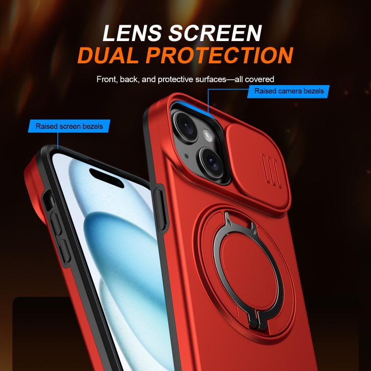 For iPhone 15 Plus / 14 Plus Camera Sliding Shield Magnetic Rotation Holder Phone Case