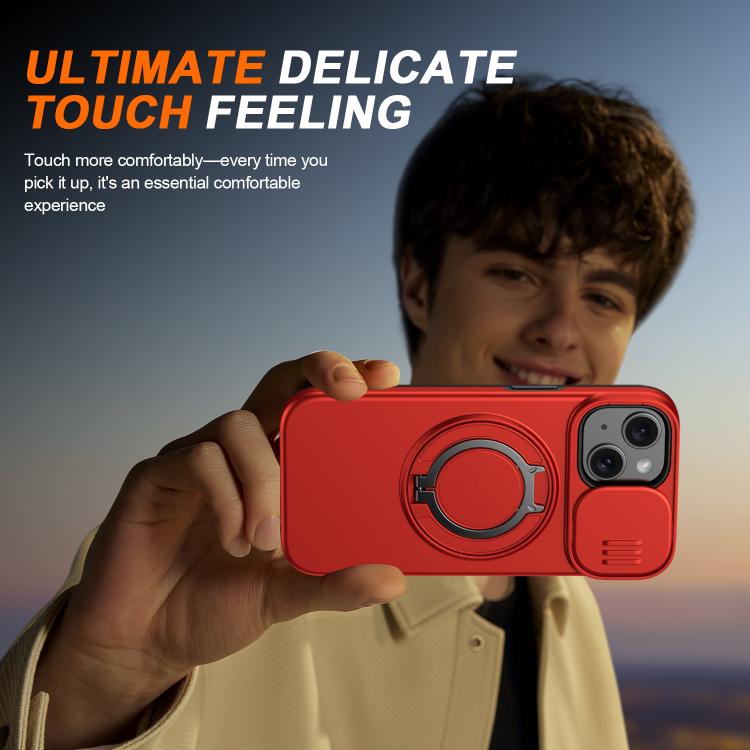 For iPhone 15 Plus / 14 Plus Camera Sliding Shield Magnetic Rotation Holder Phone Case