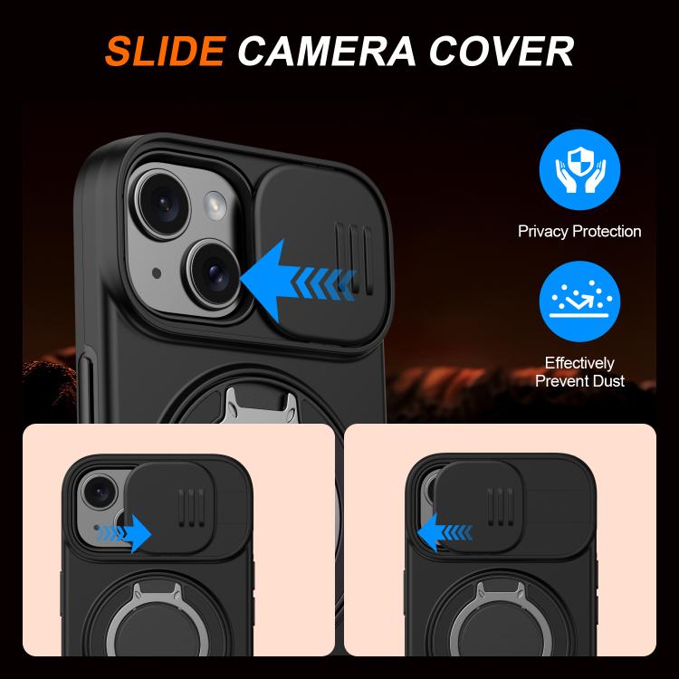 For iPhone 15 Camera Sliding Shield Magnetic Rotation Holder Phone Case
