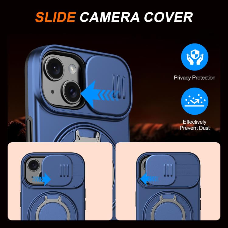 For iPhone 15 Camera Sliding Shield Magnetic Rotation Holder Phone Case