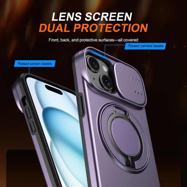 For iPhone 15 Camera Sliding Shield Magnetic Rotation Holder Phone Case