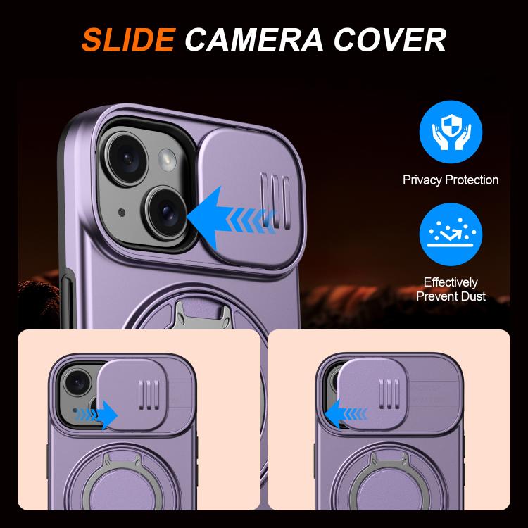 For iPhone 15 Camera Sliding Shield Magnetic Rotation Holder Phone Case