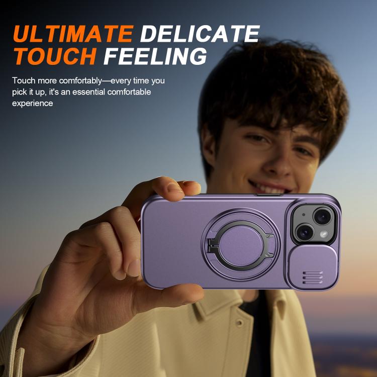 For iPhone 15 Camera Sliding Shield Magnetic Rotation Holder Phone Case