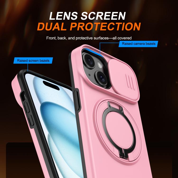 For iPhone 15 Camera Sliding Shield Magnetic Rotation Holder Phone Case