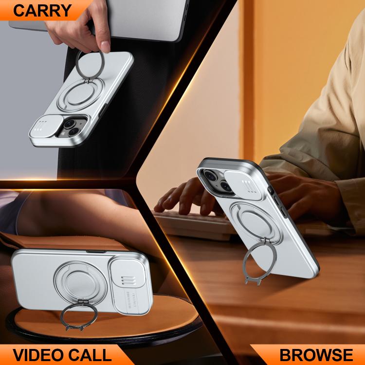 For iPhone 15 Camera Sliding Shield Magnetic Rotation Holder Phone Case