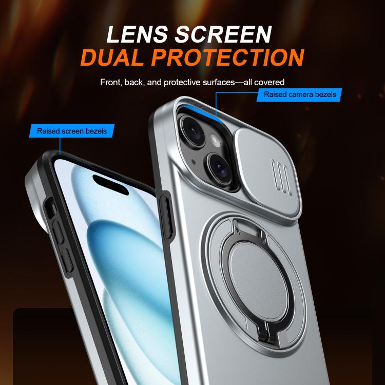 For iPhone 15 Camera Sliding Shield Magnetic Rotation Holder Phone Case