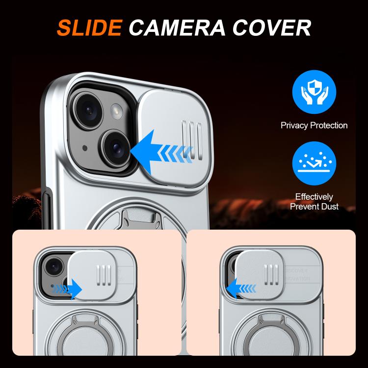 For iPhone 15 Camera Sliding Shield Magnetic Rotation Holder Phone Case