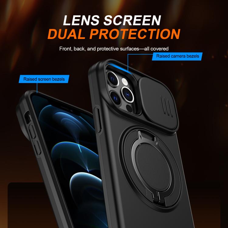 For iPhone 12 / 12 Pro Camera Sliding Shield Magnetic Rotation Holder Phone Case