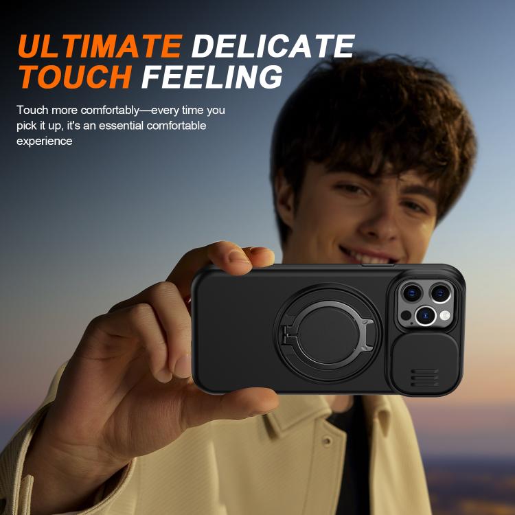 For iPhone 12 / 12 Pro Camera Sliding Shield Magnetic Rotation Holder Phone Case