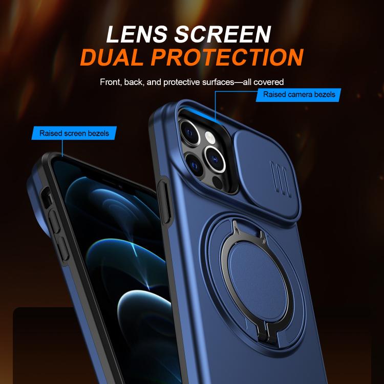 For iPhone 12 / 12 Pro Camera Sliding Shield Magnetic Rotation Holder Phone Case