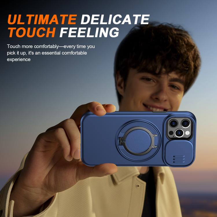 For iPhone 12 / 12 Pro Camera Sliding Shield Magnetic Rotation Holder Phone Case