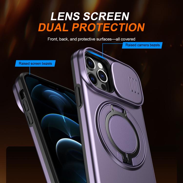 For iPhone 12 / 12 Pro Camera Sliding Shield Magnetic Rotation Holder Phone Case