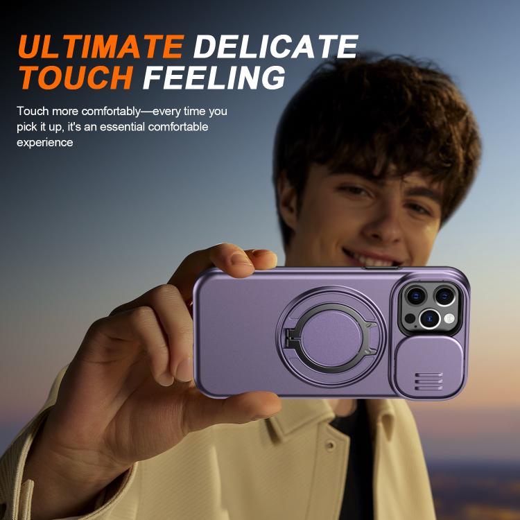 For iPhone 12 / 12 Pro Camera Sliding Shield Magnetic Rotation Holder Phone Case