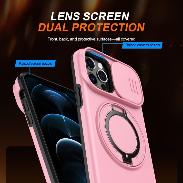 For iPhone 12 / 12 Pro Camera Sliding Shield Magnetic Rotation Holder Phone Case