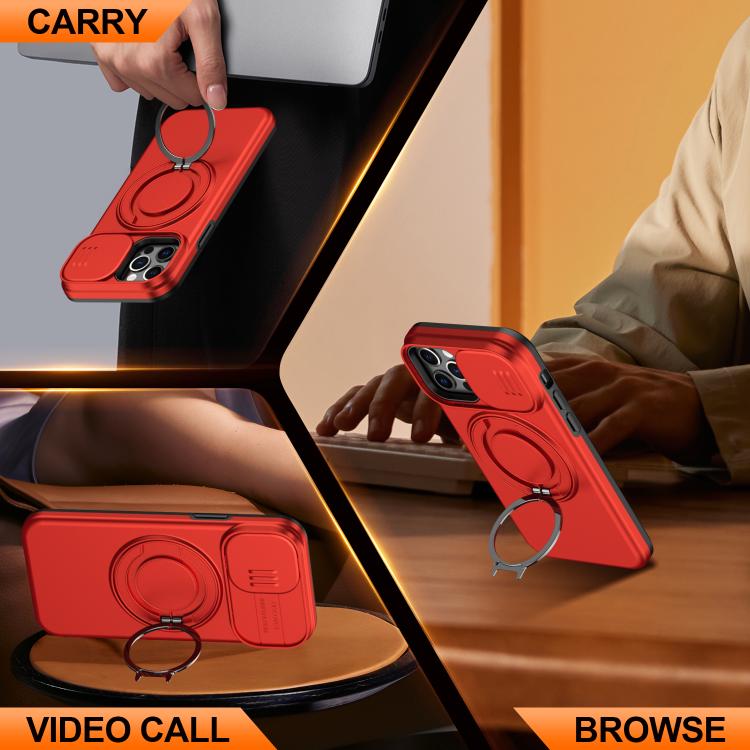 For iPhone 12 / 12 Pro Camera Sliding Shield Magnetic Rotation Holder Phone Case
