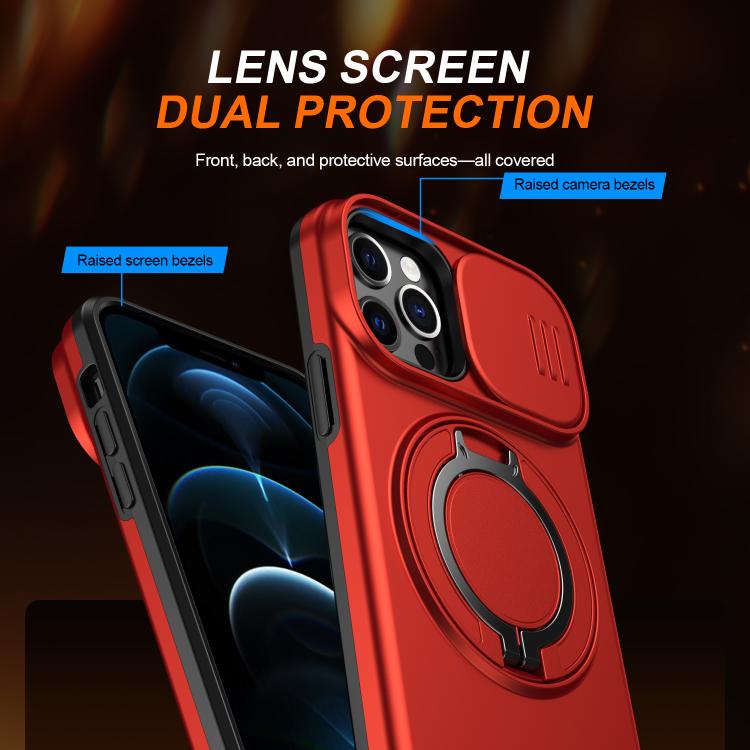 For iPhone 12 / 12 Pro Camera Sliding Shield Magnetic Rotation Holder Phone Case