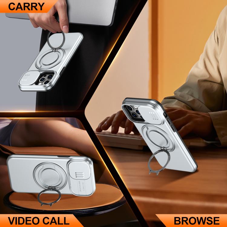 For iPhone 12 / 12 Pro Camera Sliding Shield Magnetic Rotation Holder Phone Case